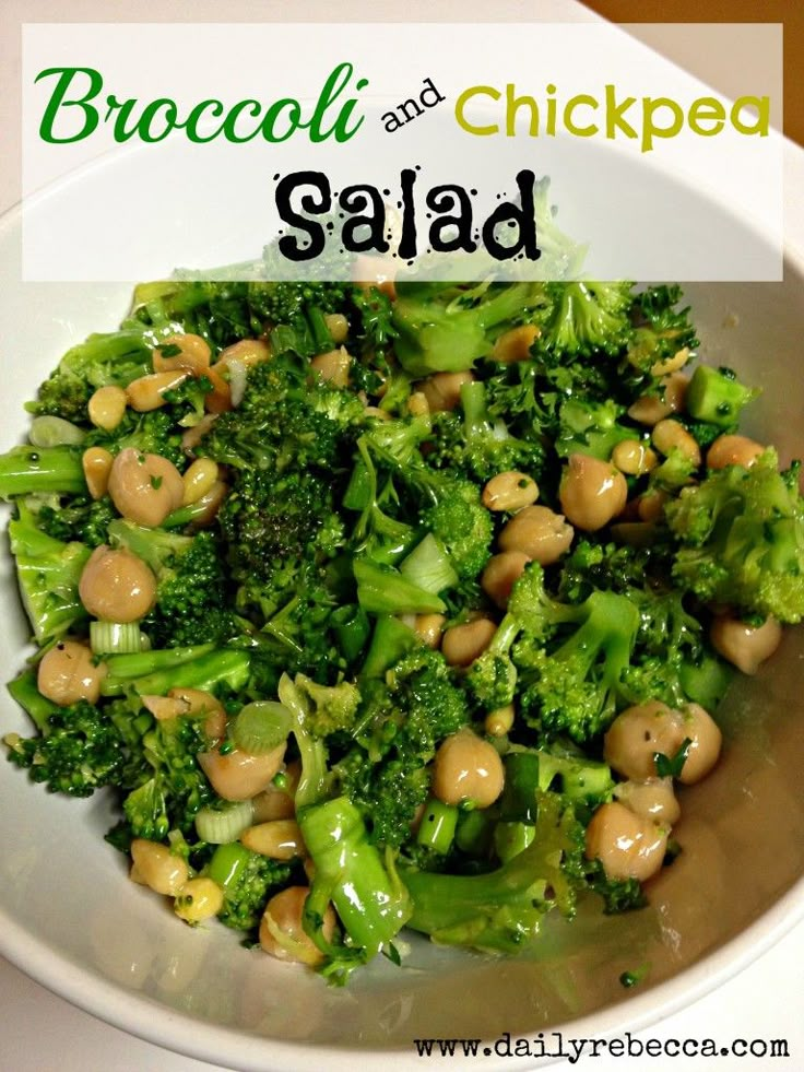 broccoli and chickpea salad in a bowl with the title above it