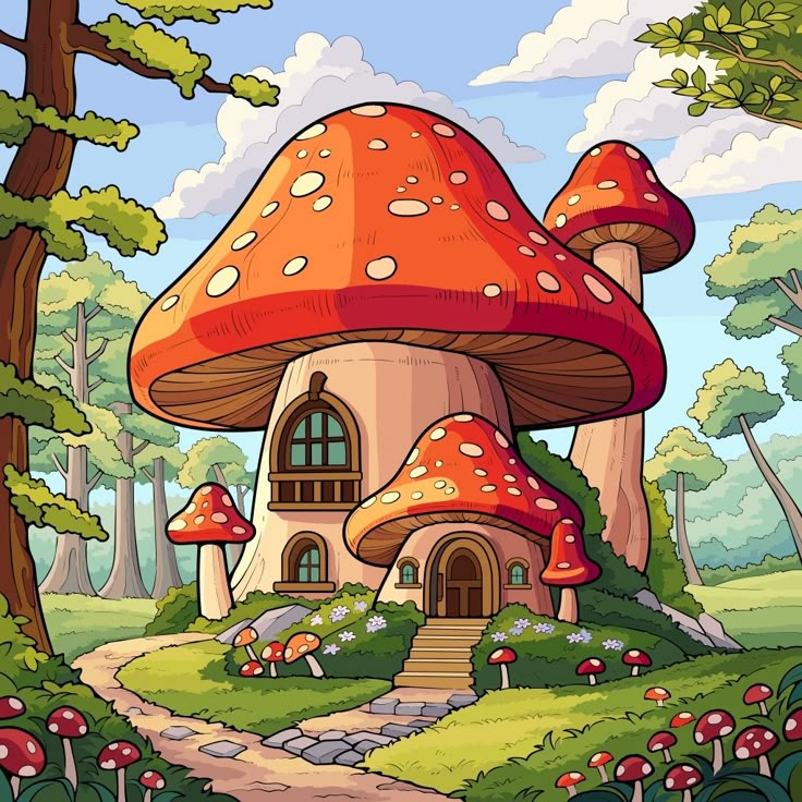 an image of a mushroom house in the woods