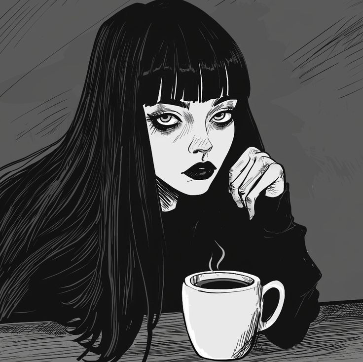 a black and white drawing of a woman holding a cup of coffee with her hand