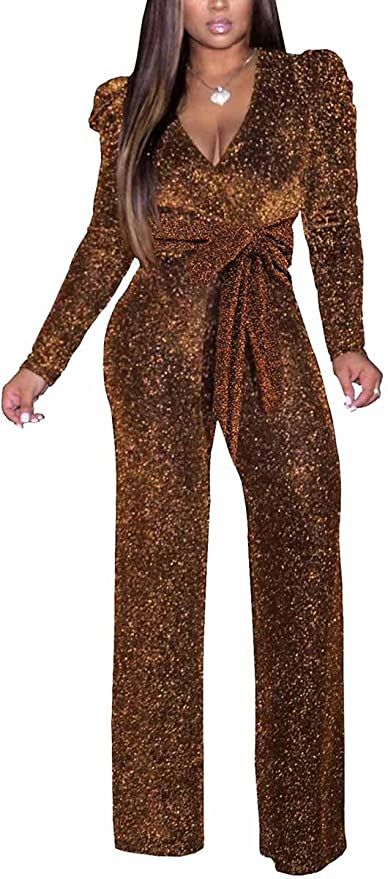 Amazon.com: Plus Size Jumpsuits for Women Sexy Sparkly Elegant Clubwear V Neck Long Sleeve Wide Leg Pants Rompers with Belt : Clothing, Shoes & Jewelry Jumpsuits Elegant, Glitter Jumpsuit, Sparkly Jumpsuit, Romper Long Pants, Elegant Jumpsuit, Bodycon Outfits, Party Rompers, Nye Dress, 70s Party