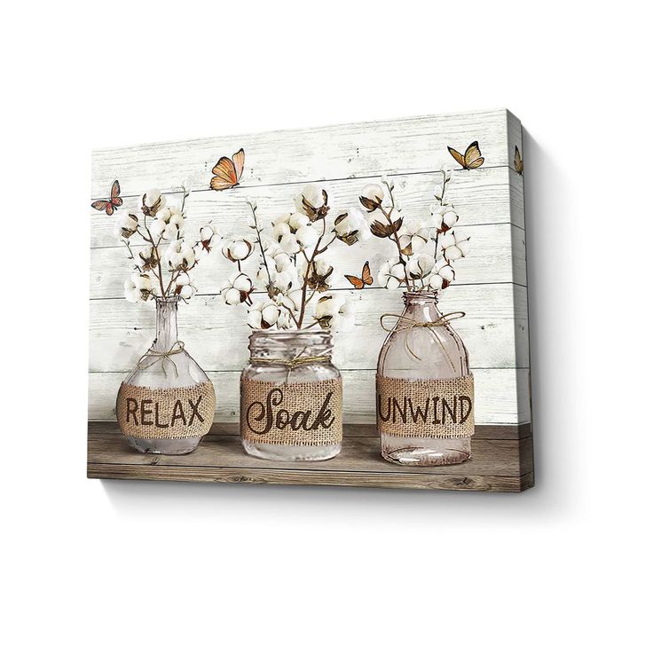 three glass jars with flowers and butterflies in them sitting on a shelf next to a wall