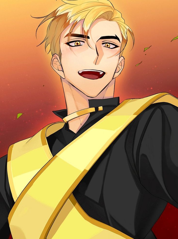 an anime character with blonde hair wearing a yellow ribbon around his neck and black shirt