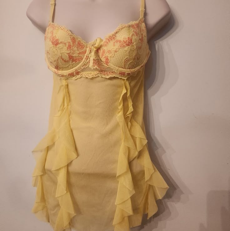 Pink And Yellow Victoria's Secret Lace Sheer Dress With Built-In Bra Slip Dress Runway, Lace Sheer Dress, Girly Closet, White Bridal Robe, Earthy Girl, Boho Whimsical, Red Silk Dress, Sheer Lace Dress, 2000s Clothes