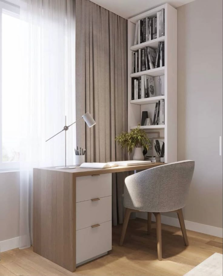 an office with a desk, chair and bookshelf in the corner next to a window