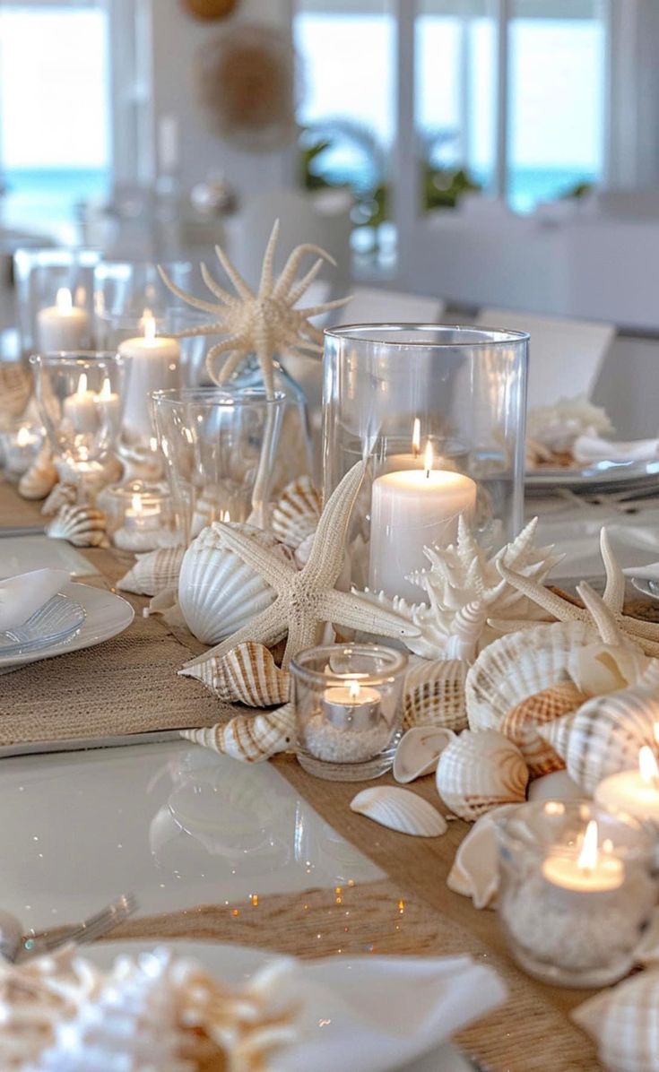 Coastal Christmas Table Decor, Beach Theme Table Setting, Boho Beach Bridal Shower Ideas, Coastal Wedding Tablescape, Rehearsal Decorations, Beach Wedding Diy, Coastal Tablescapes, Coastal Dining Room Decor, Beachy Centerpieces