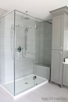 a bathroom with a walk in shower next to a sink