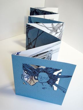 three greeting cards with blue and white designs on them, each featuring an image of a woman's face