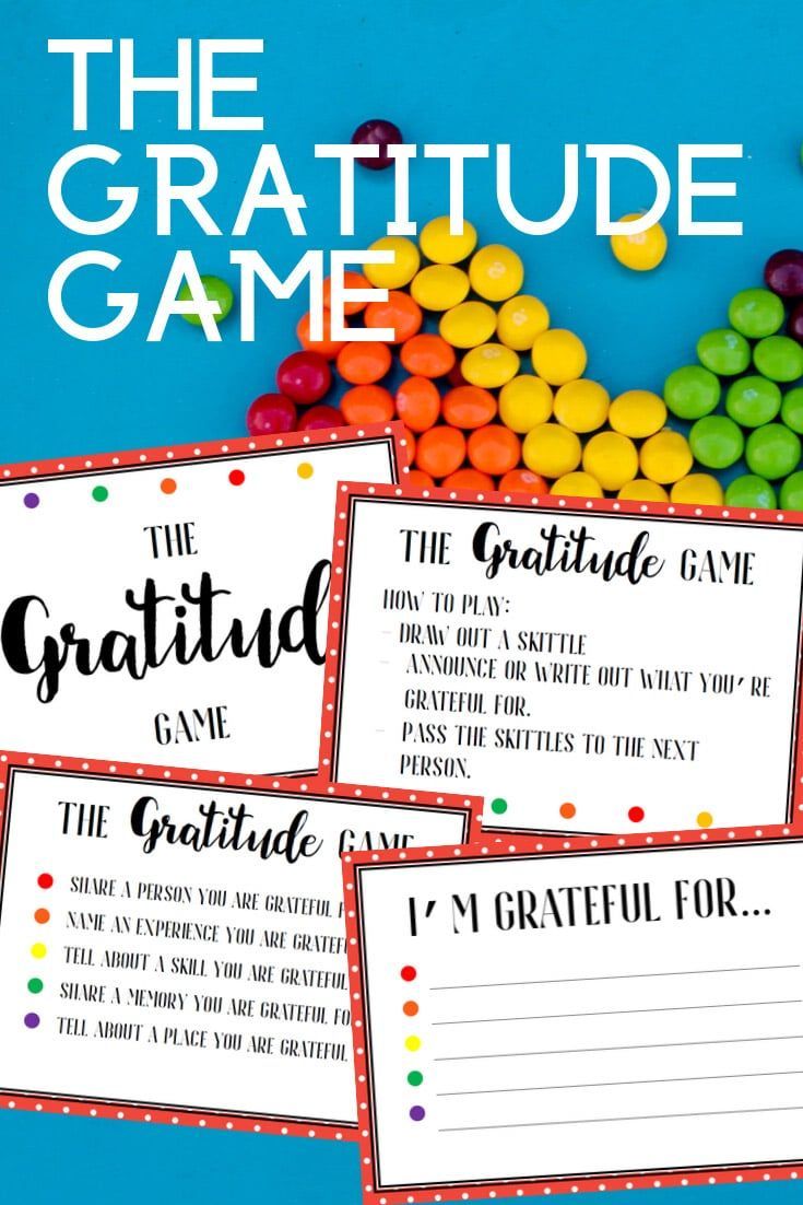 three printables for the gratitude game on a blue background with candy