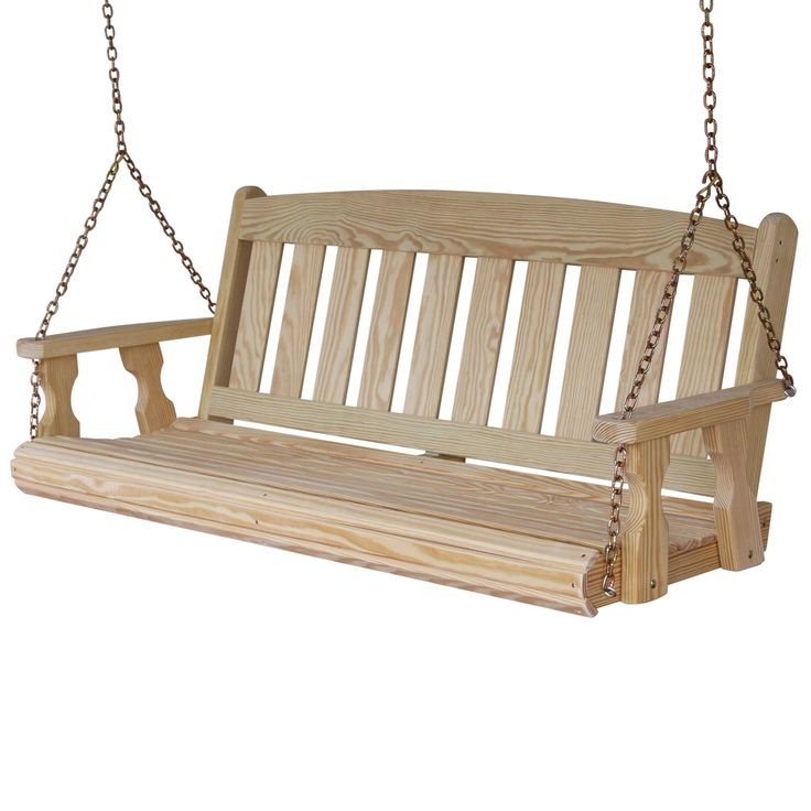 a wooden swing with chains hanging from it