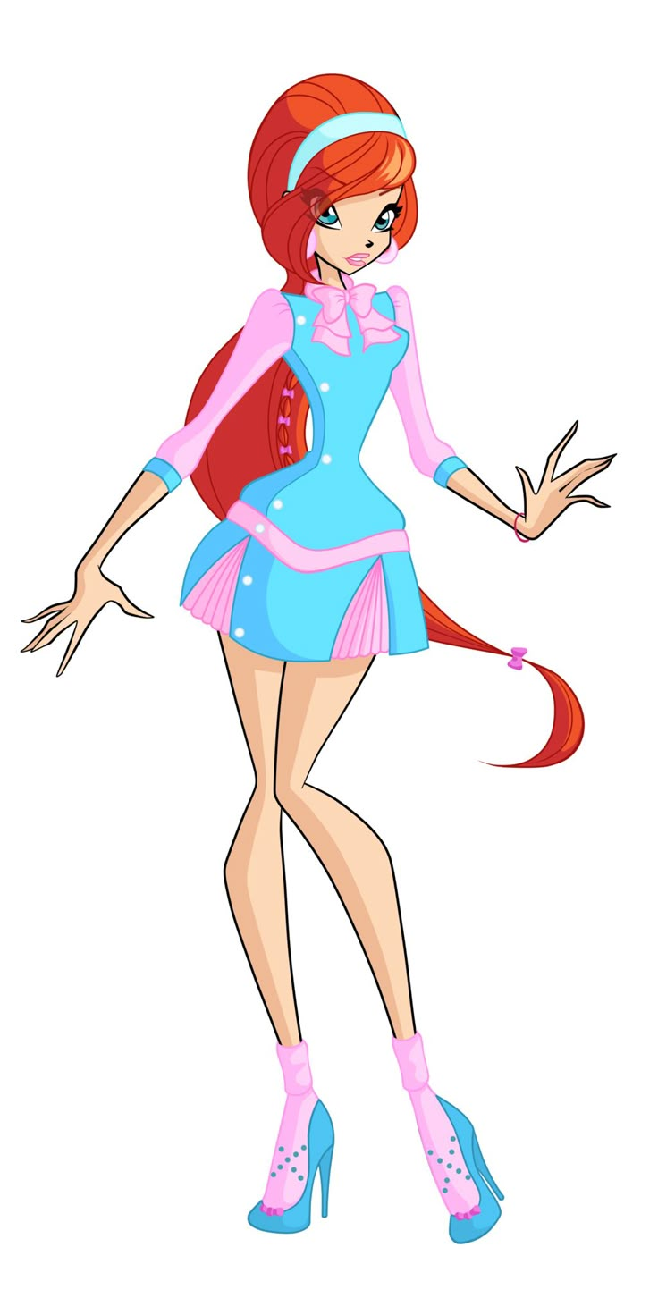 a cartoon girl with red hair and blue dress holding a bookbag in her hand