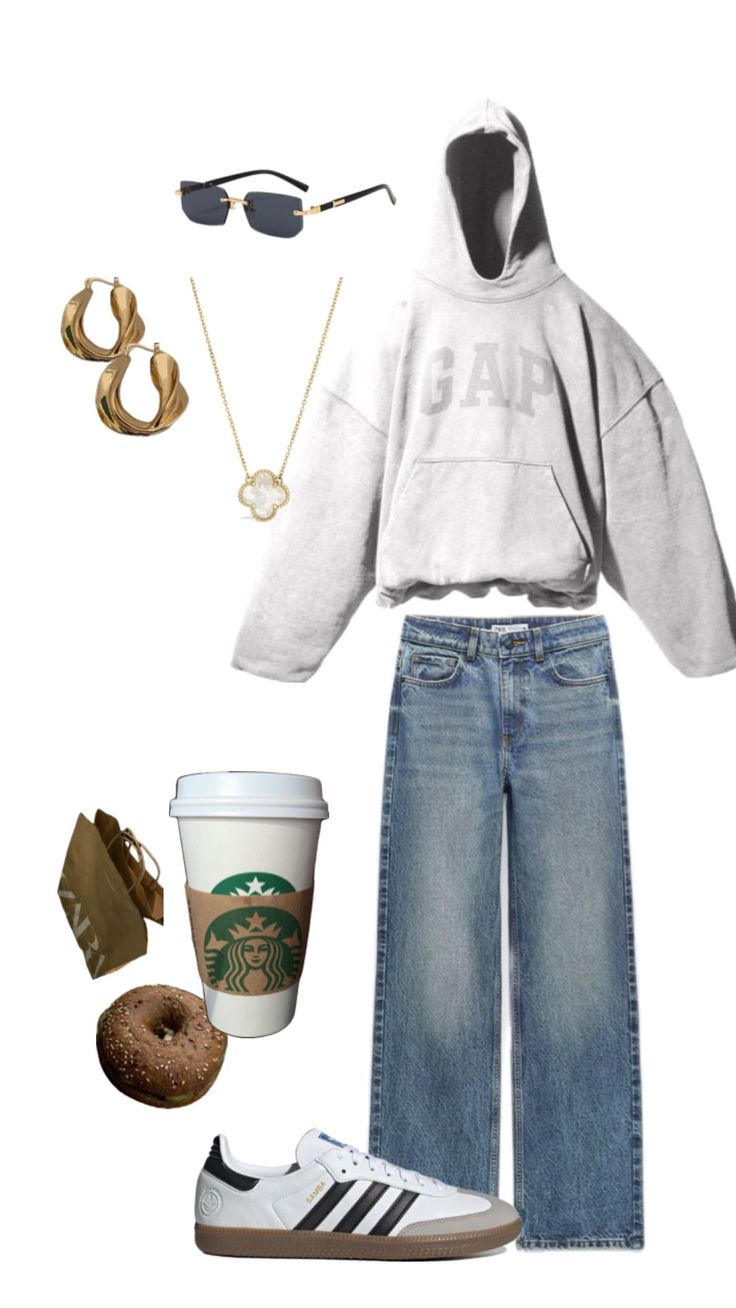 a woman in white sweatshirt, jeans and sneakers with starbucks coffee on her lap wearing adidas hoodie