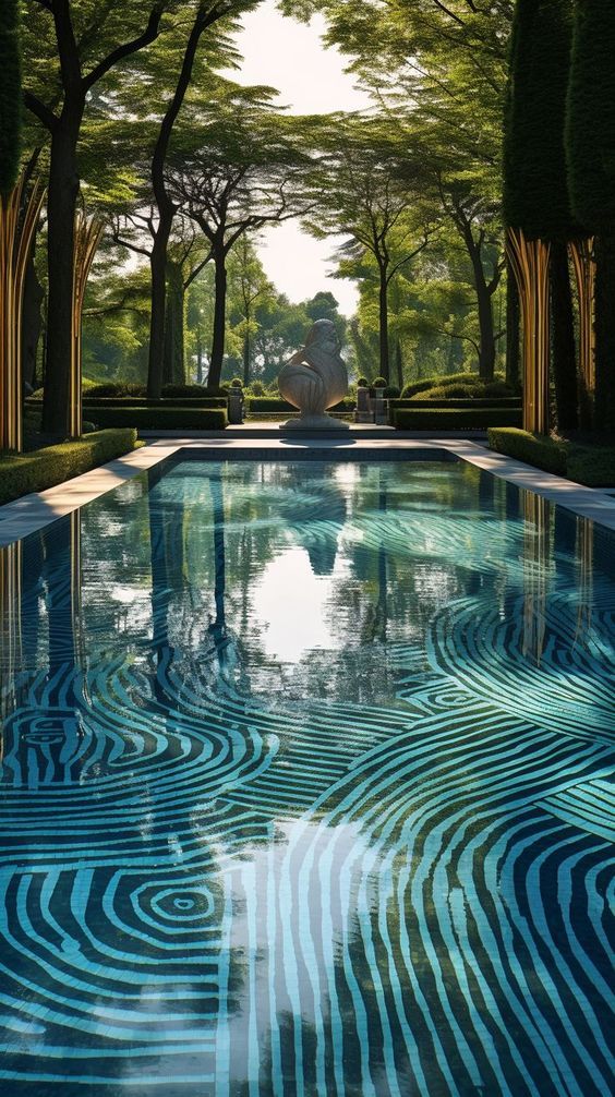 a large pool surrounded by trees and water features an intricate pattern on the surface, while it's reflecting light