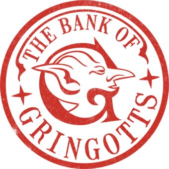 the logo for the bank of gringotts is shown in red and white