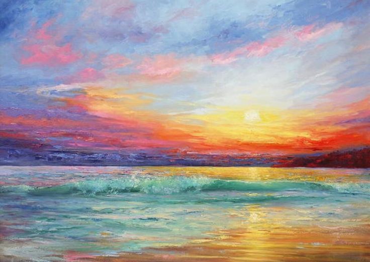 an oil painting of a sunset over the ocean