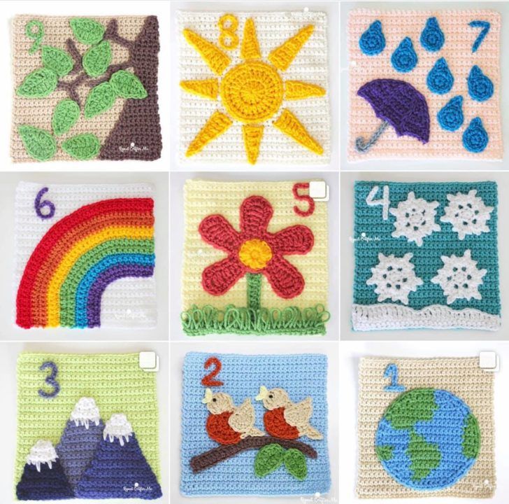 nine crocheted squares with different designs and numbers on them, each featuring flowers