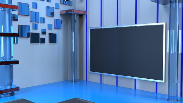 there is a television in the middle of this room with blue walls and flooring