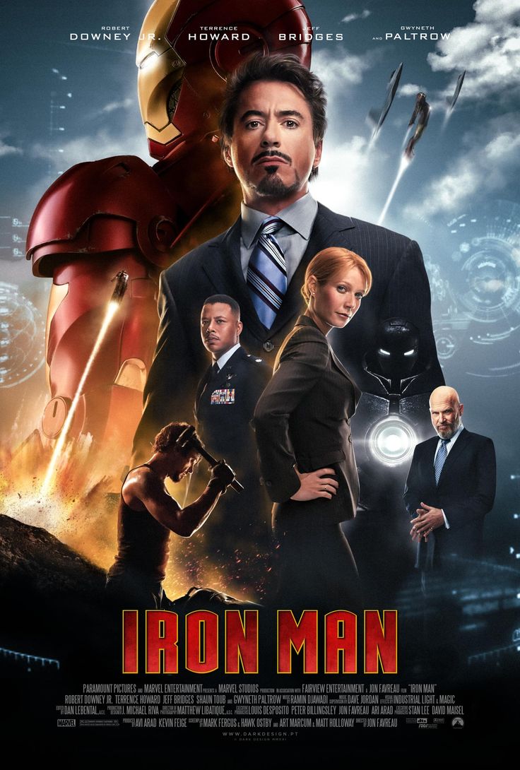 iron man movie poster with the character in suit and tie, surrounded by other characters