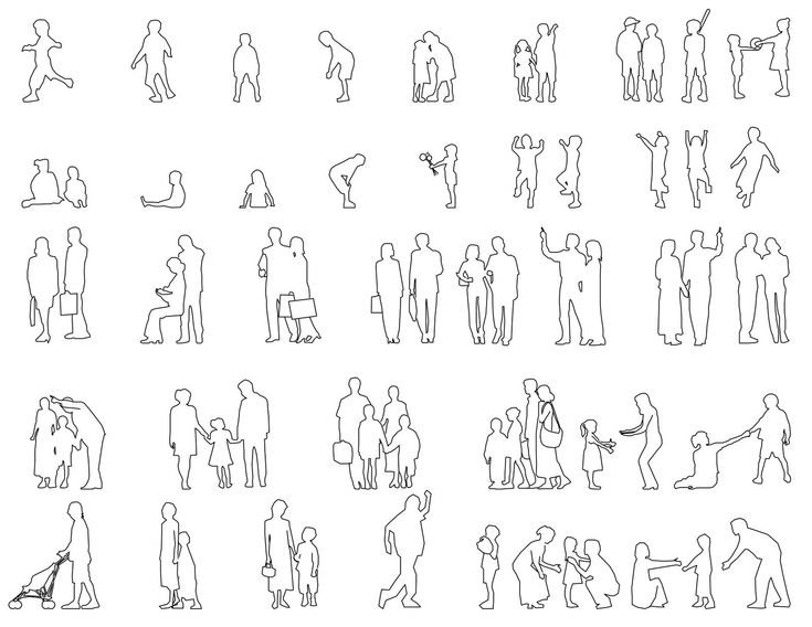 the silhouettes of people standing and sitting in different positions, all drawn by hand