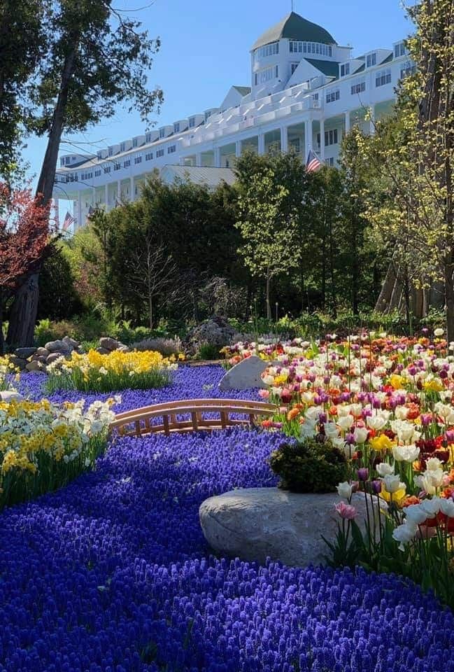 a garden with flowers and a bridge in front of a large white building on the other side