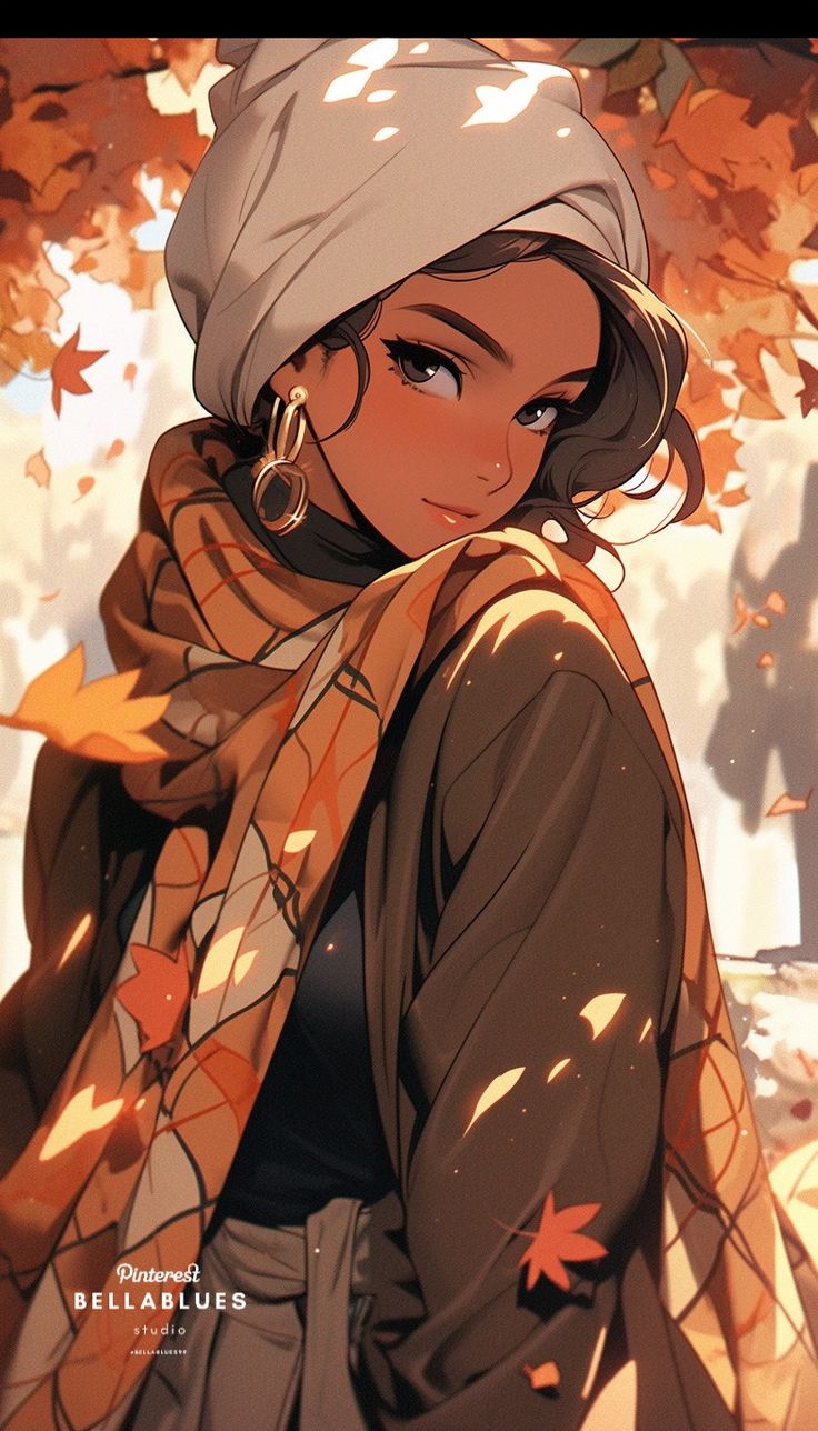 a woman wearing a headscarf and scarf with autumn leaves on her head in the background