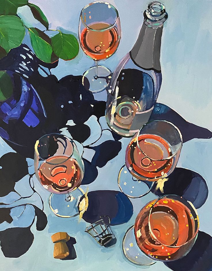 a painting of wine glasses and bottles on a table