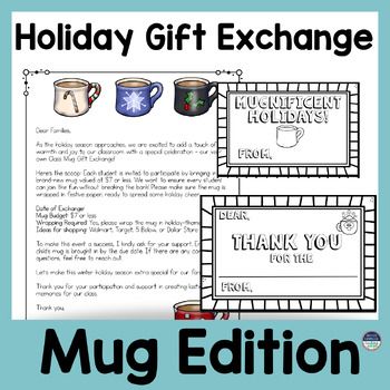 the holiday gift exchange with mugs on it