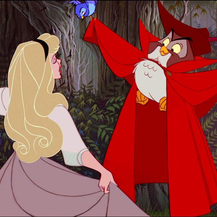 an owl is standing next to a woman in a red dress and long blonde hair