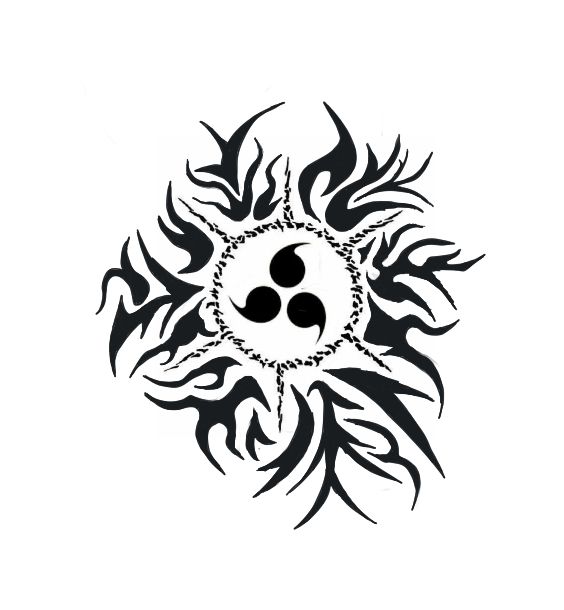 a black and white drawing of a sun with two circles in the middle, surrounded by flames