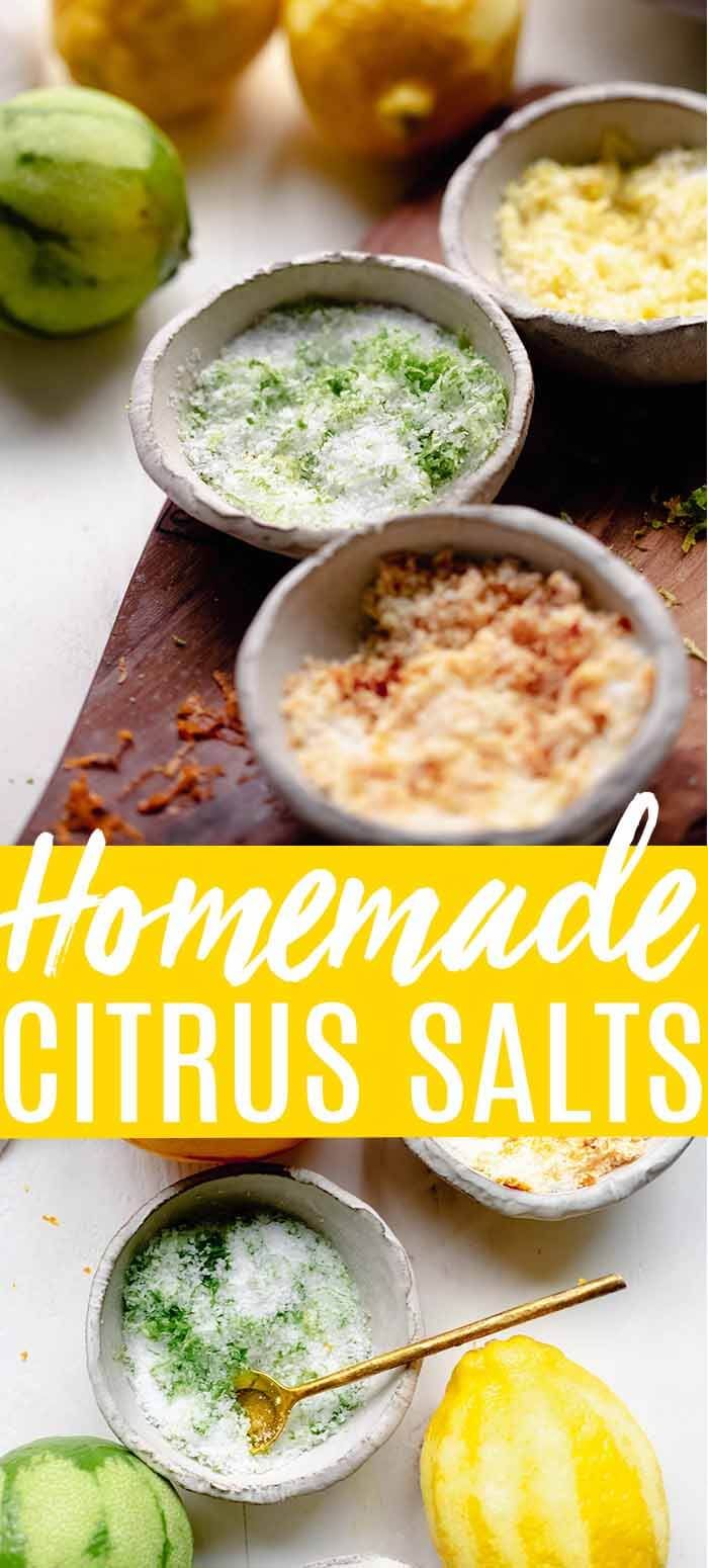 homemade citrus salts in bowls with lemons and watermelon