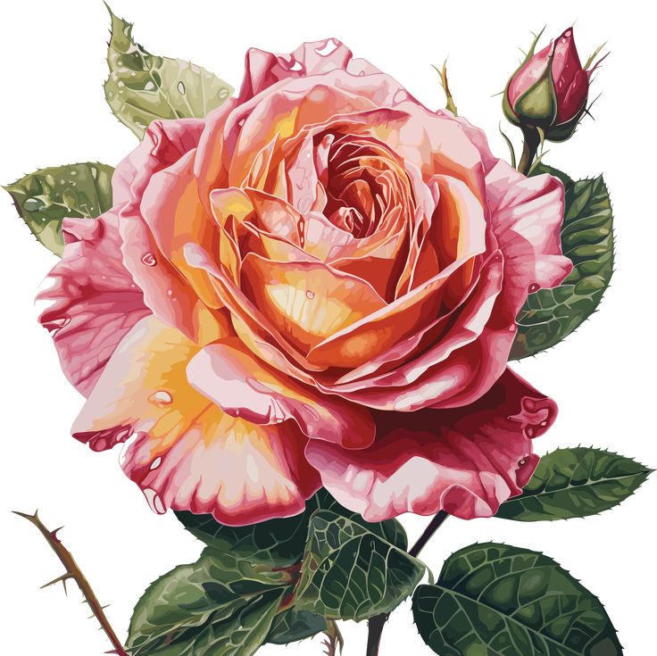 a painting of a pink rose with green leaves