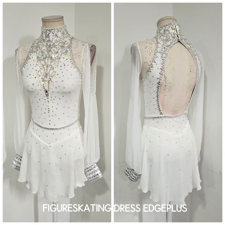 two pictures of a white dress with silver sequins on the top and bottom