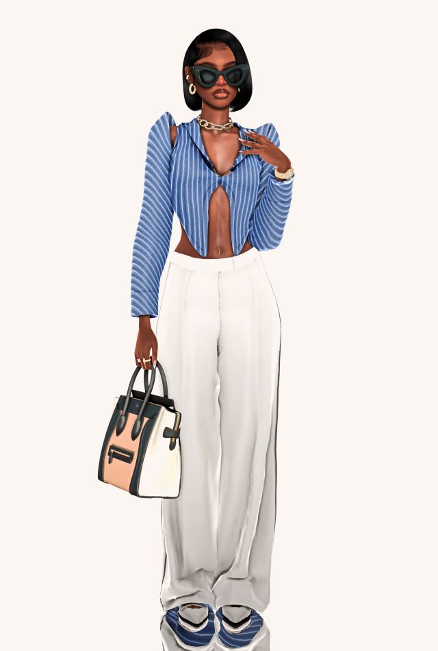 a woman in white pants and blue shirt holding a purse with her hands on her hips