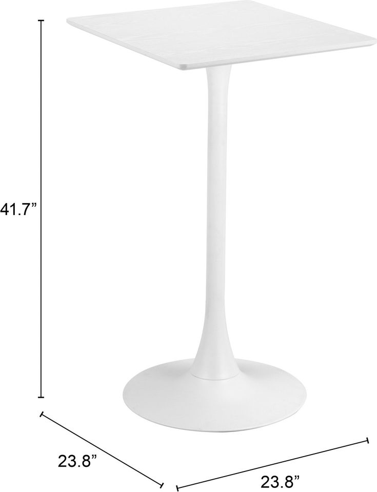 a white square table with measurements for the base