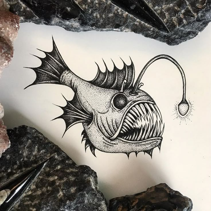 a black and white drawing of a fish with its mouth open on a piece of paper