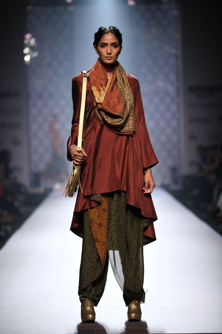 Maroon asymmetric jacket kurta with mustard and olive grreen printed dhotis and maroon printed stole available only at Pernia's Pop Up Shop. Historical Indian Clothing, Fantasy Indian Clothing, Hindu Clothing, Indian Women Clothing, Thai Fashion, India Clothes, Ethno Style, Indian Designers, India Fashion Week