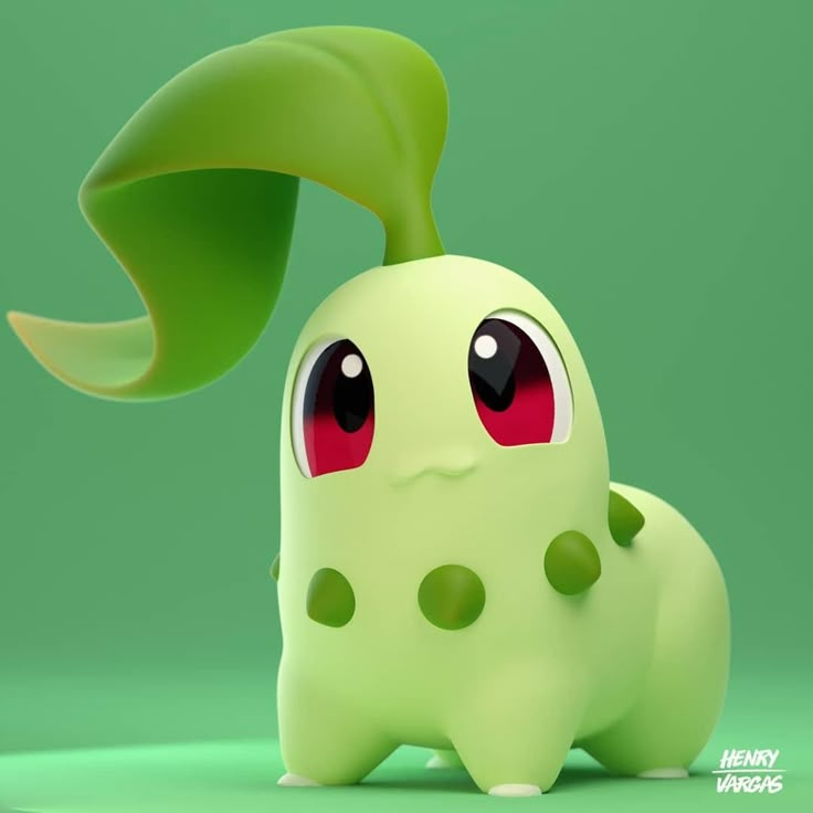 a green toy with big eyes and a leaf on it's head, sitting in front of a green background