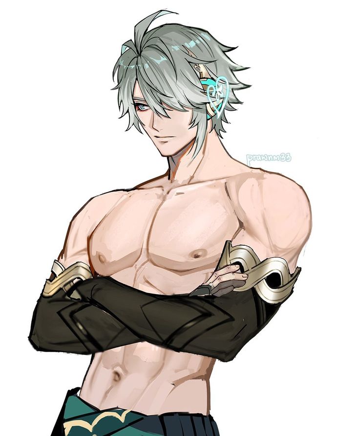 an anime character with white hair and no shirt, holding his hands on his chest