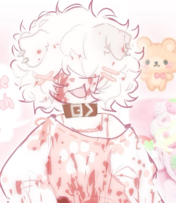 a drawing of a girl with white hair wearing a pink dress and holding a teddy bear