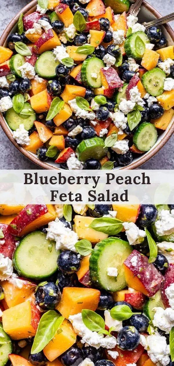 blueberry peach and feta salad with cucumbers in a bowl on the side