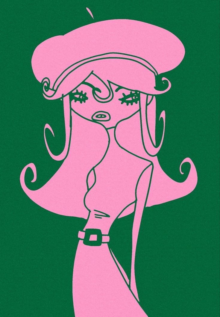 a drawing of a woman in a pink dress and hat with her hair pulled back