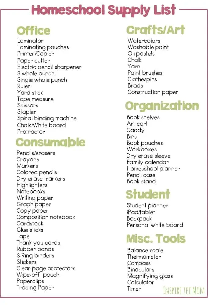 the homeschool supply list is shown in green and pink with words on it