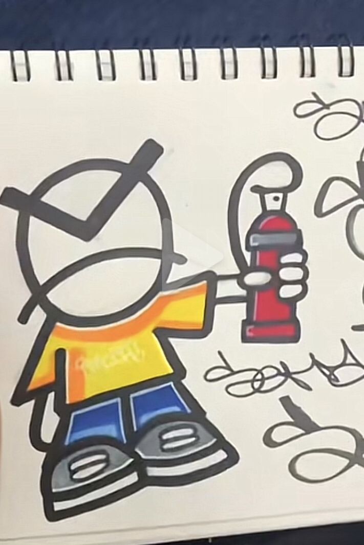 a drawing of a person holding a fire extinguisher in one hand and writing on the other