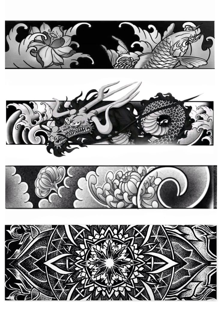 four different types of tattoos with dragon designs on the side and back of each one