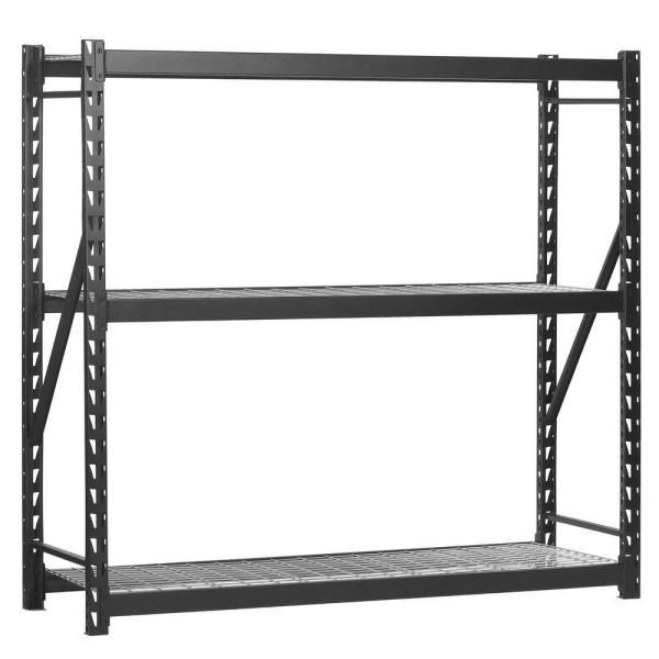 a metal shelving unit with four shelves on one side and two levels to the other