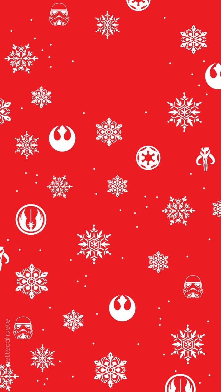 a red background with white snowflakes and star wars symbols