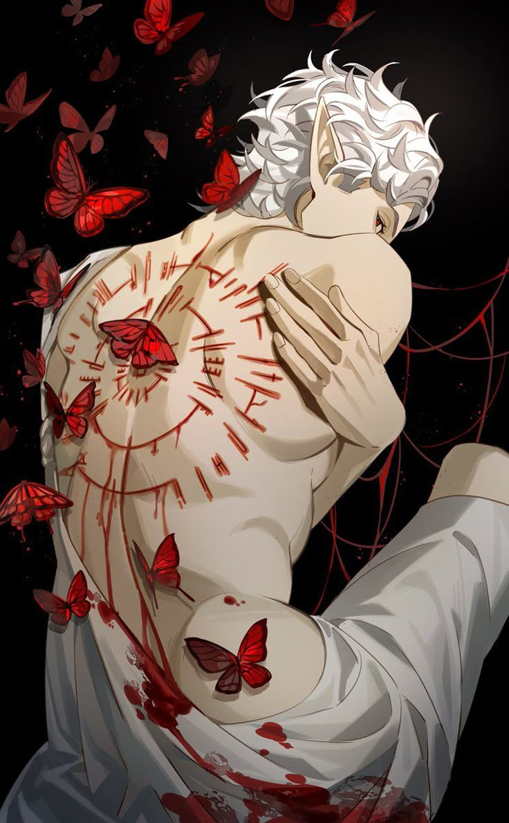 a man with white hair and red butterflies around him