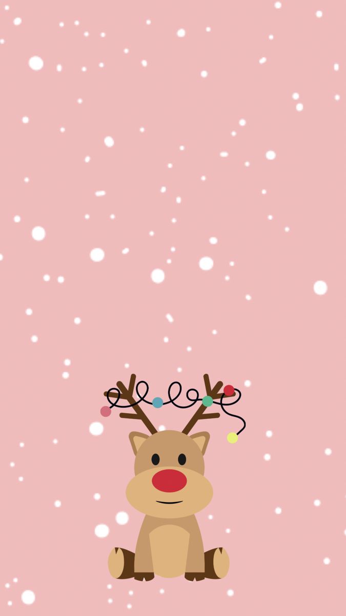 a pink background with a reindeer sitting in the snow