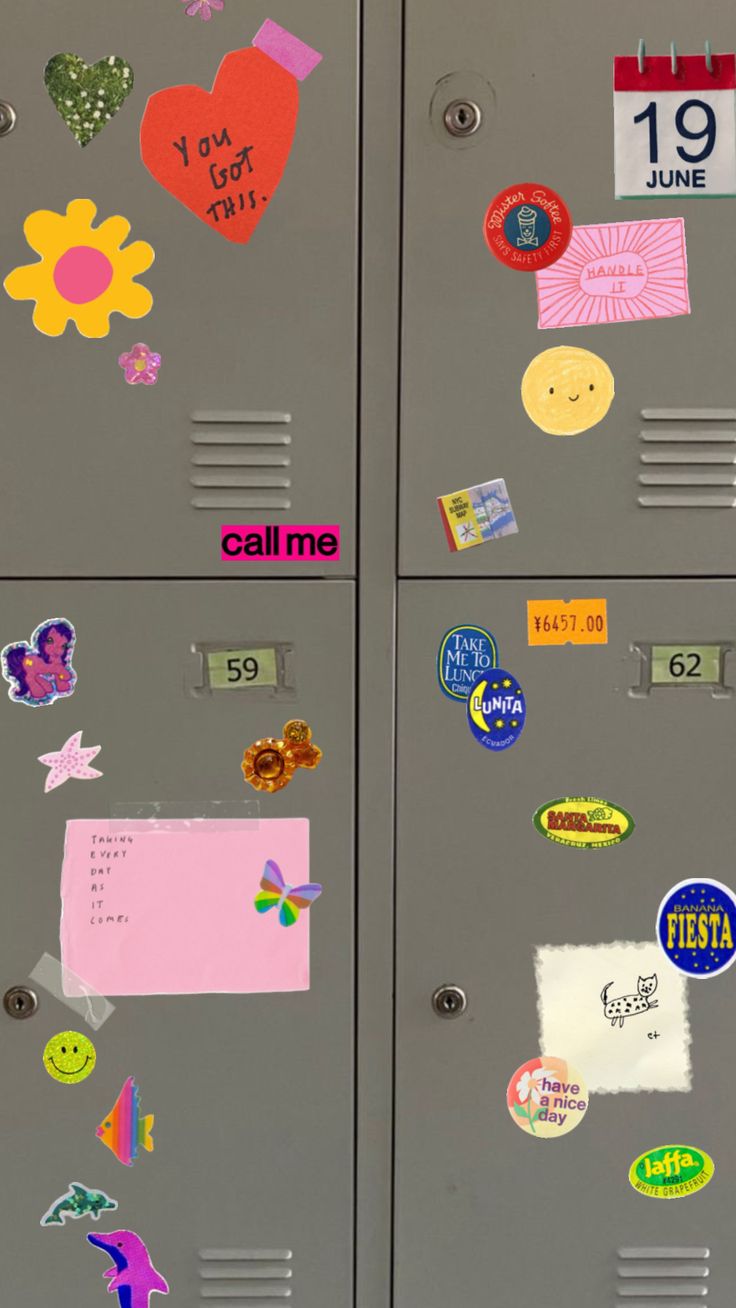 two lockers with magnets and stickers all over the front, side by side