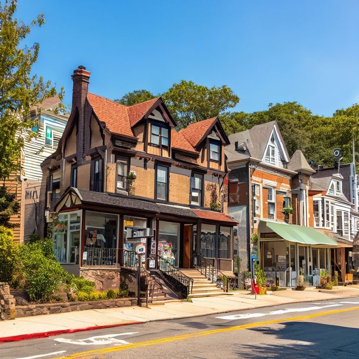 a row of houses on the corner of a street