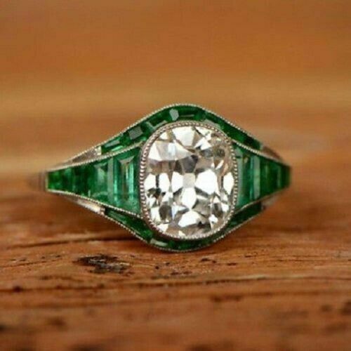 4.10CT Cushion Cut Lab Created Diamond and Emerald Art Deco Engagement Ring 925 | eBay Bijoux Art Deco, Deco Rings, Edwardian Ring, Antique Engagement Ring, Dior Vintage, Silver Jewelry Design, Engagement Ring Diamond Cut, Art Deco Engagement, Estilo Art Deco